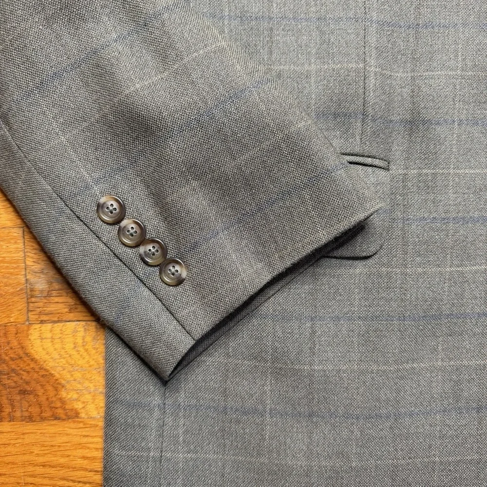 Jos A Bank Executive Collection Blazer 44L Plaid Tan Blue Silk Wool Sport Coat